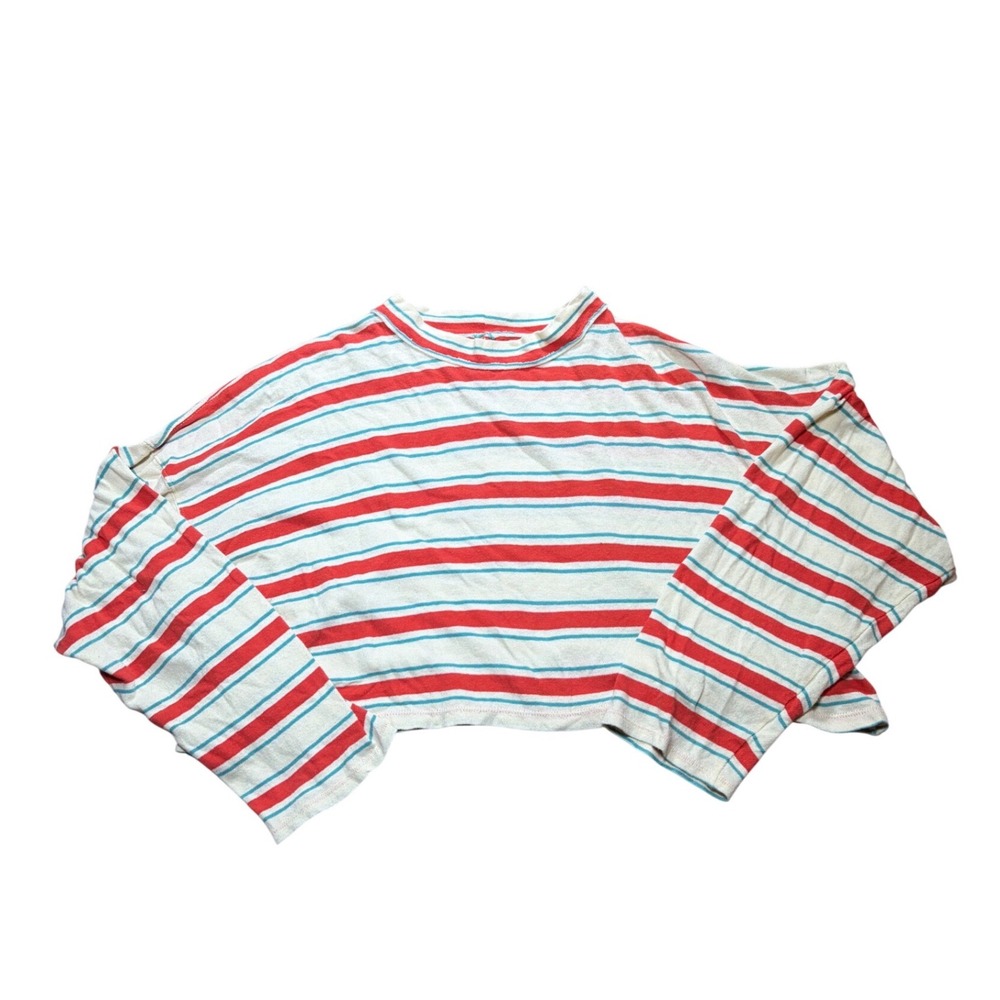 Free People We The Free Striped Cropped Long Sleeve Tee Red Teal Cream Large